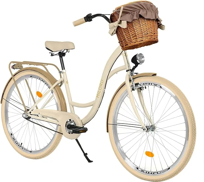 Milord. Bicicleta de Confort marrón cremoso de 3 Velocidad y 28 Pulgadas con Cesta y Soporte Trasero, Bicicleta Holandesa, Bicicleta para Mujer, Bicicleta Urbana, Retro, Vintage