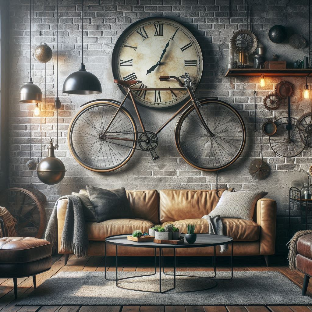 pared de salón de estilo industrial decorada con bicicleta de forja